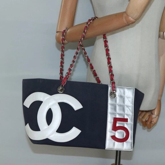 CHANEL Choco Bar Chain Shoulder Bag No5 Canvas Navy Silver CC Auth - Picture 1 of 16